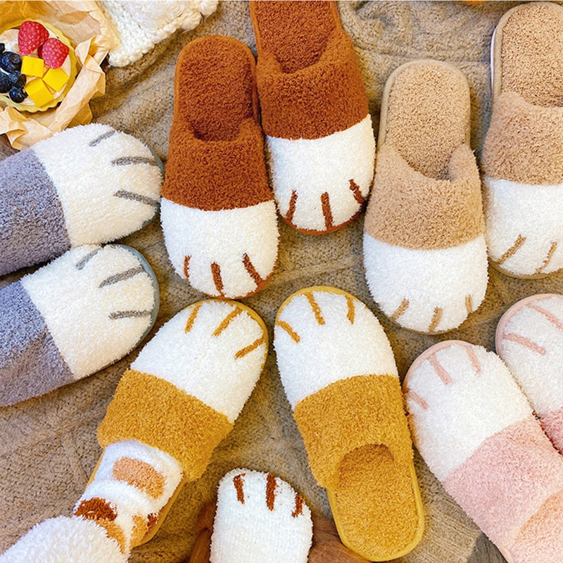 [Free Sock] Super Cute Cat Paw Women Fur Slipers Winter House Bedroom Keep Warm Plush Shoes Non-slip Indoor Women Furry Slippers - Charlie Dolly