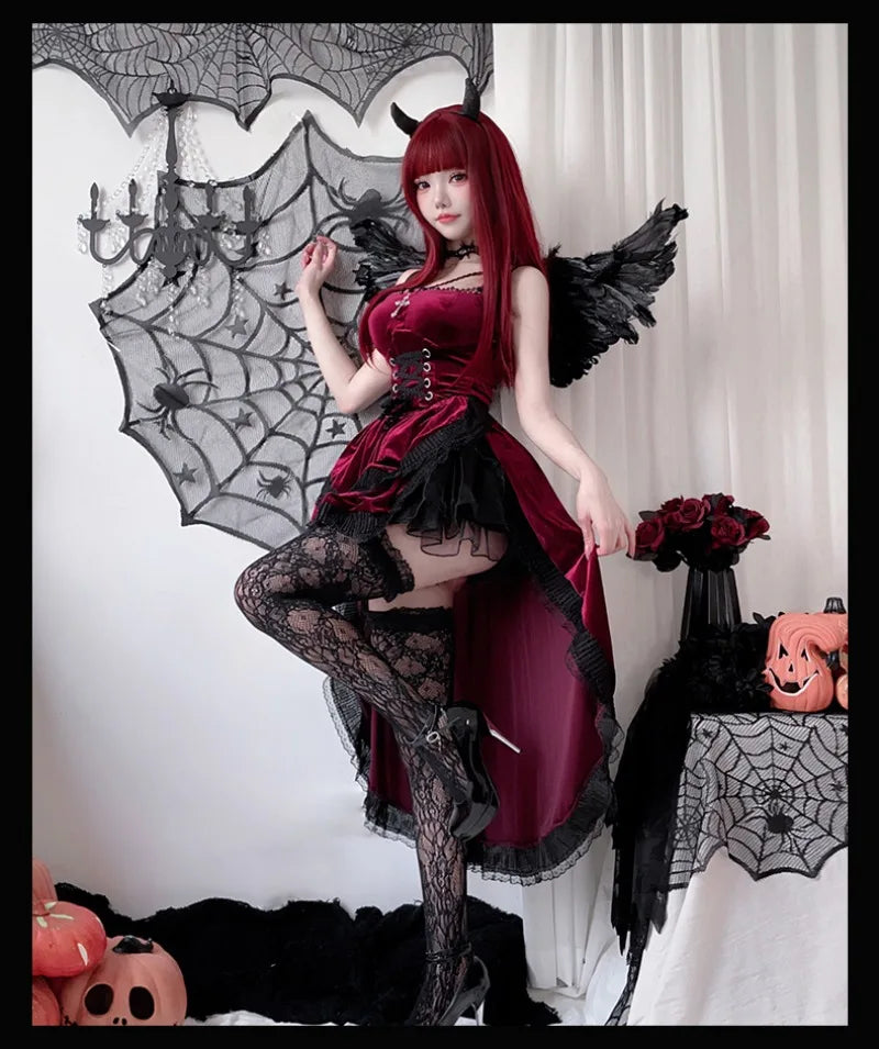 Cospaly Dark Gothic Halloween sexy lace dovetail halter dress Dovetail Witch Demon Vampire Ghost bridal dress - Charlie Dolly