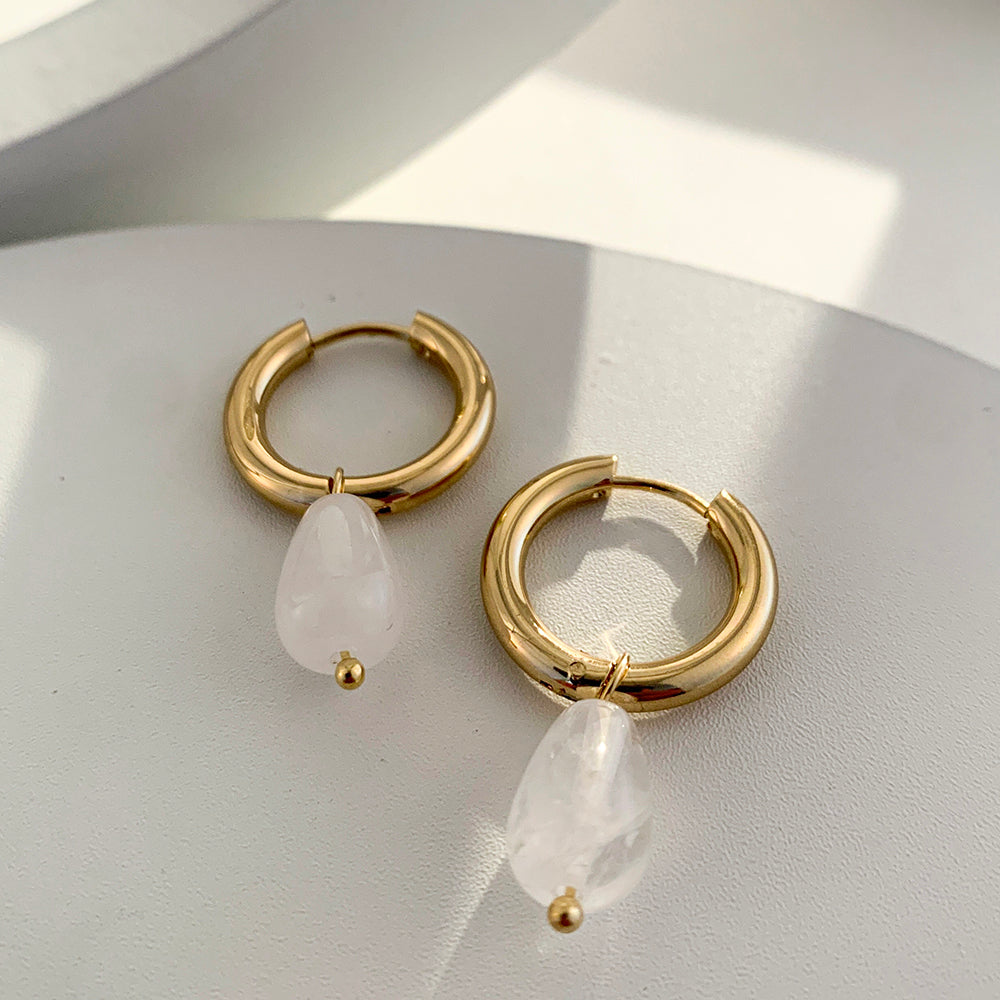 Vintage Transparent Green Natural Stones Teardrop Dangle Earrings for Women Simple Stainless Steel 18K Gold Plated Hoops Huggies
