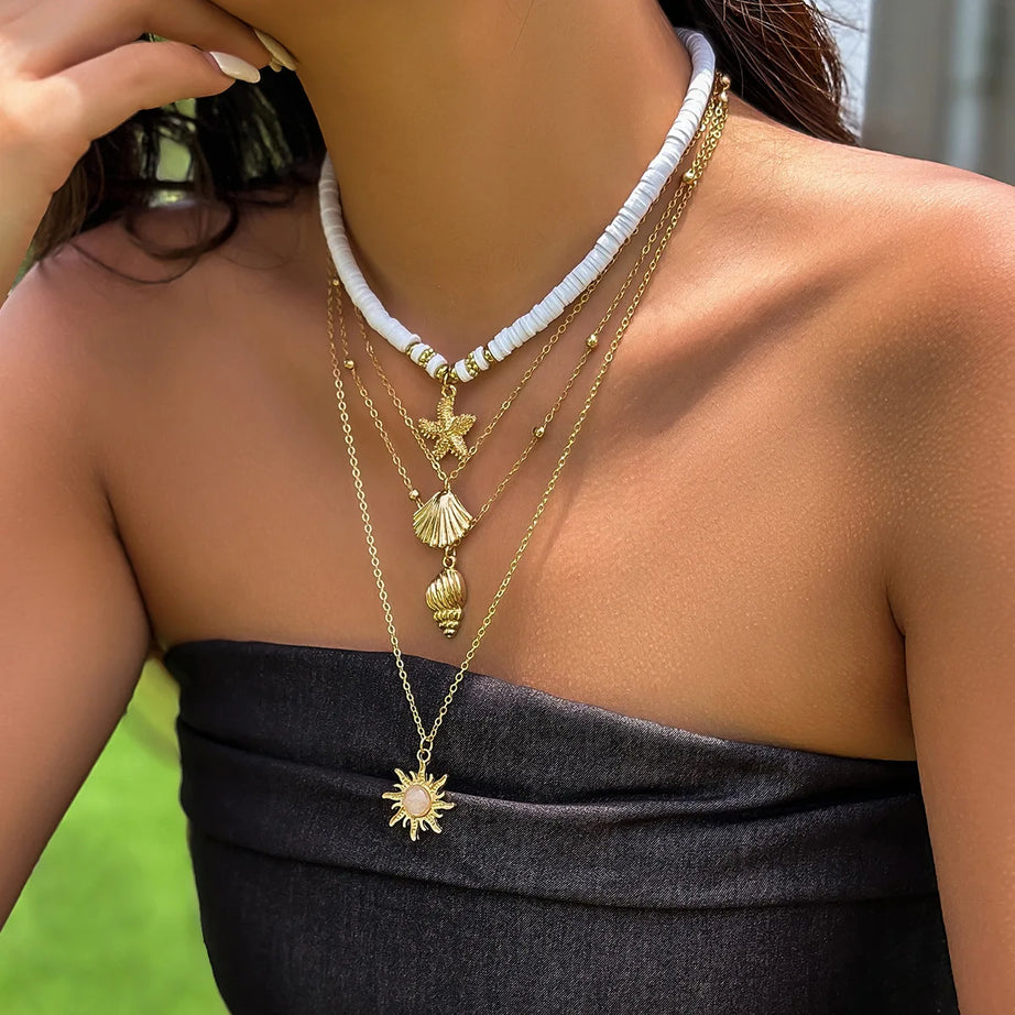 Shell Starfish and Pearl Layered Chain Boho Necklace