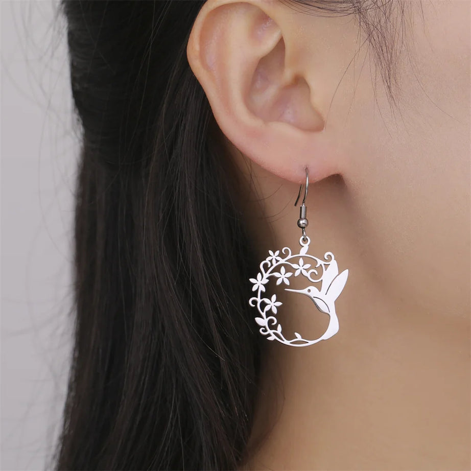Hummingbird Filigree Flower Dangle Earrings Jewelry