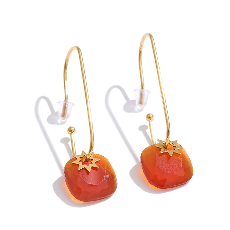 Natural Stone Square Drop Earrings, Tiger Eye Agate 14K Gold Waterproof Stainless Steel Jewelry