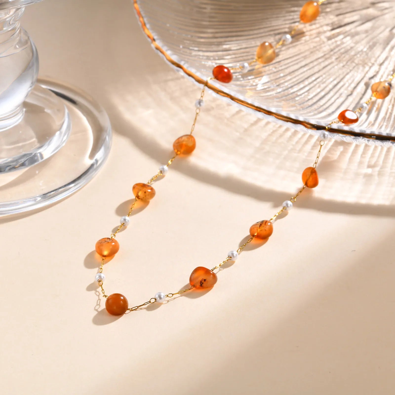 Boho Necklace Beach Irregular Natural Stone Necklaces for Women Stainless Steel Imitation Pearl Jade Necklace Jewelry Gift