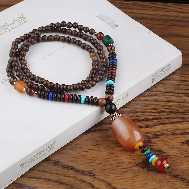 Wood Bead Bodhi Pendant Sweater Chain Necklace Jewelry