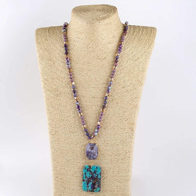 RH Fashion Bohemian Jewelry Natural Stones Crystal Stone Knotted Semi Precious Stone Boho Multi Pendant Necklace Women Gift