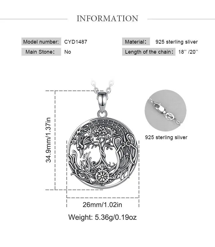 Eudora 925 Sterling Silver Phoenix Necklace Vintage Compass Tree of Life Pendant Viking Amulet Jewelry Party Gift for Women Men