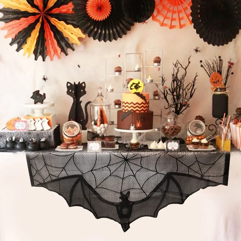 Halloween Bat Table Runner Black Spider Web Lace Tablecloth Fireplace Curtain for Halloween Party Home Decoration Horror Props - Charlie Dolly
