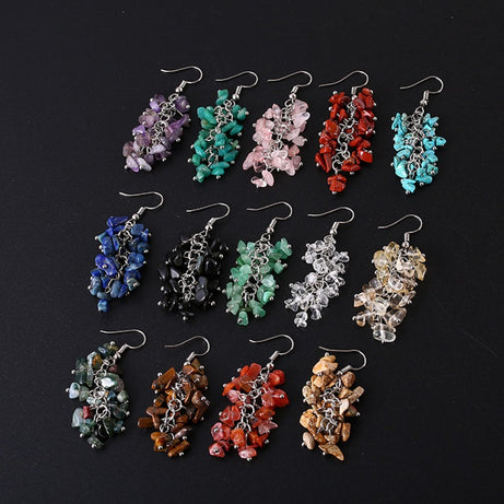 Natural Stone Crystal Grape Tassel Earrings Raw Gemstone Amethyst Lapis Lazuli Tiger's Eye Rose Quartz Chakra Crystal Earring - Charlie Dolly