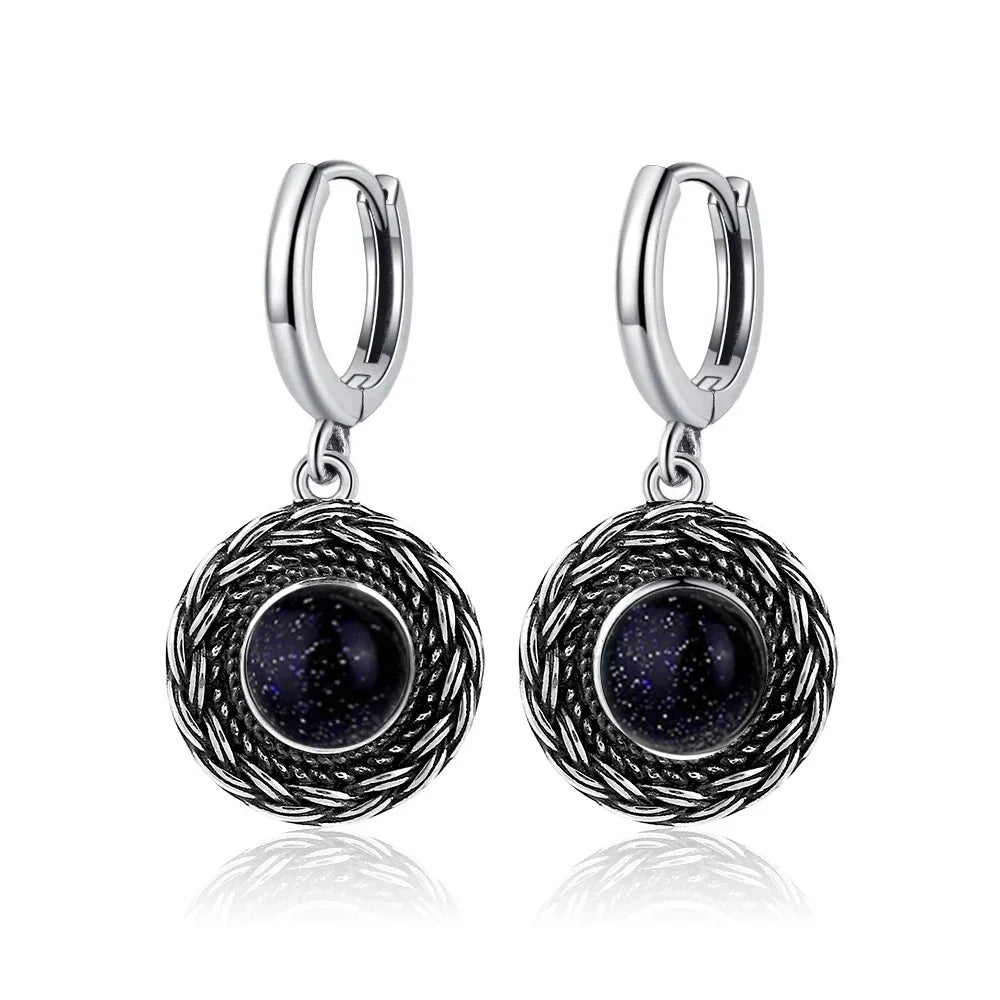 Natural Stone Sun Flower Hoop Earrings for Women, Vintage Antique Silver Turquoise Amethyst Labradorite Dangle Earring Wholesale