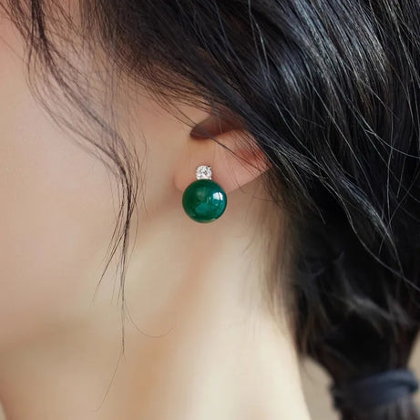 Green Jade & CZ Drop Earrings, Luxury Natural Stone Office Boho Jewelry