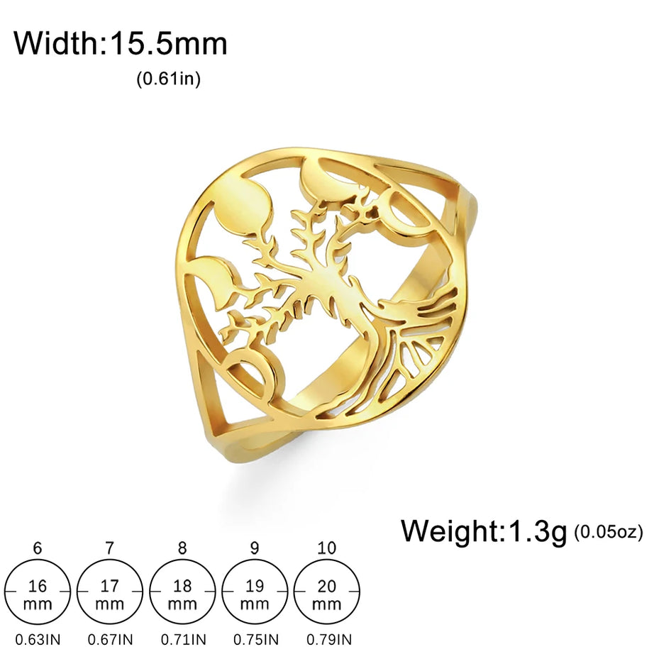 Moon Phase Tree of Life Ring, Stainless Steel