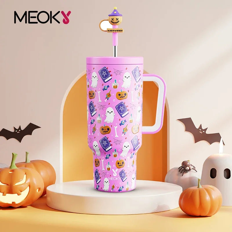 Meoky 40oz Tumbler Handle with Straw Cute Stopper Stainless Steel Insulation Coffee Cup Luminous Vacuum Car Mug Halloween Gifts - Charlie Dolly