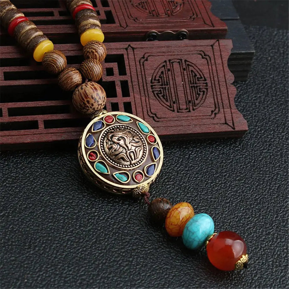 Wood Bead Long Sweater Chain Tassel Necklace Jewelry