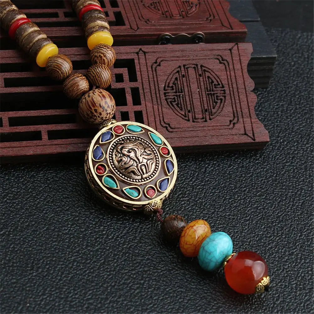Wood Bead Long Sweater Chain Tassel Necklace Jewelry