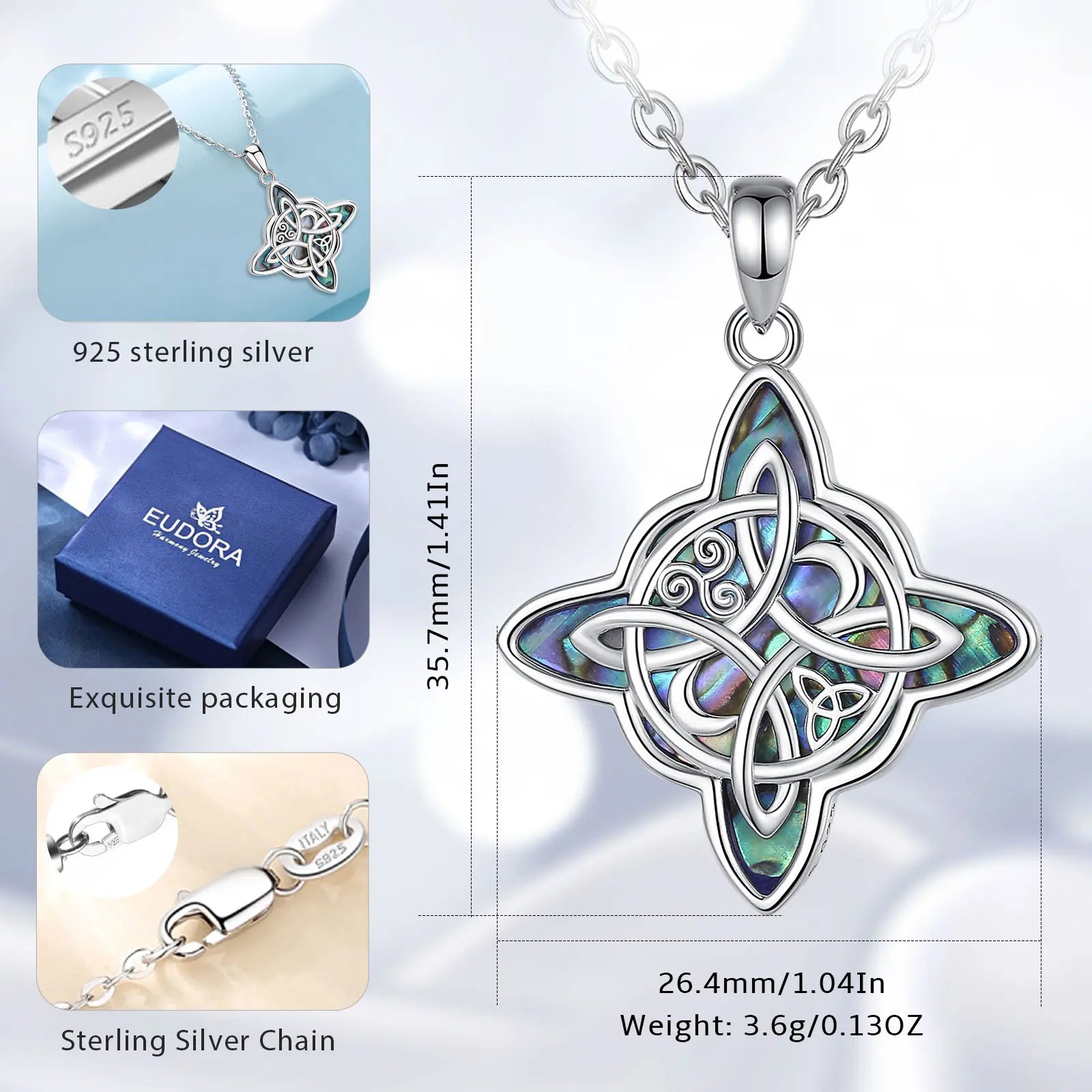 Eudora original 925 Sterling Silver Witch Knot Necklace for Men Women Natural Abalone Witchcraft Amulet Pendant Wicca Jewelry