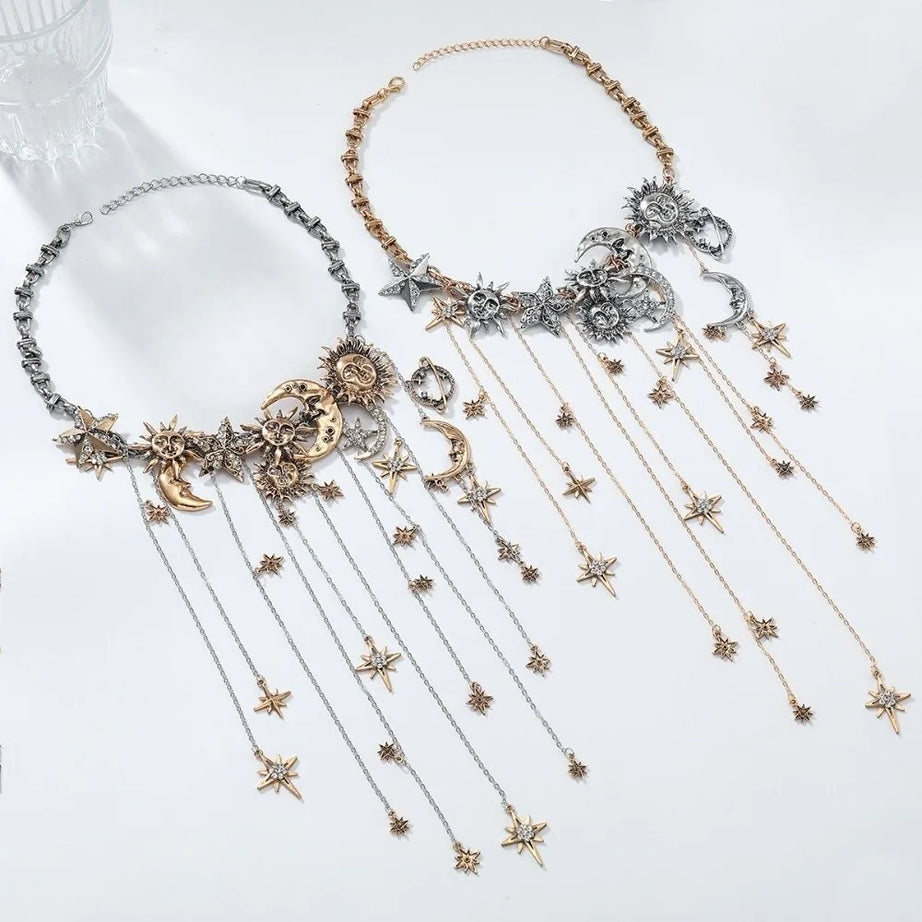 Sun Moon Star Layered Tassel Necklace Jewelry