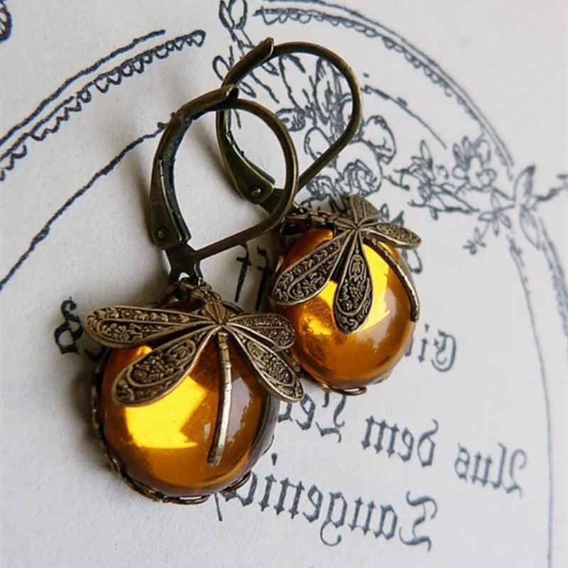 New Boho Vintage Crystal Dragonfly Earrings for Women Fashion Metal Carving Pattern Inlaid Moonstone Animal Earring Jewelry Gift