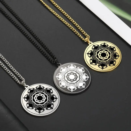 Lotus Chakra Mandala Pendant Necklace, Stainless Steel Buddhist Hindu Meditation Amulet