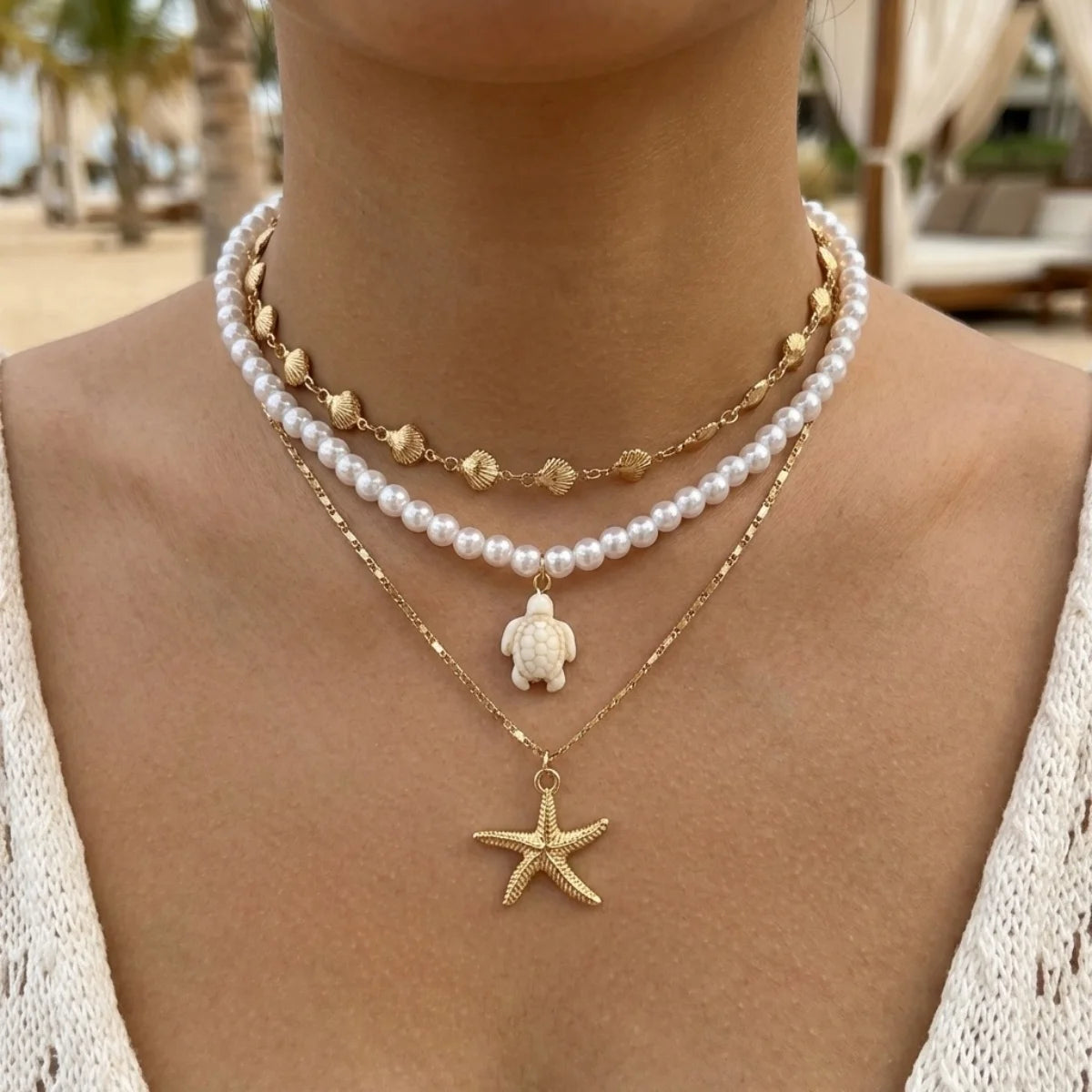Multilayer Imitation Pearl Rice Bead Starfish Resin Turtle Shell Necklace For Women Men Ocean Beach Fishtail Choker Boho Jewelry