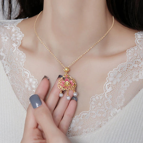 Pink Lotus Ruyi Lock & Pearl Tassel Enamel Necklace, Buddhist Blessing Talisman