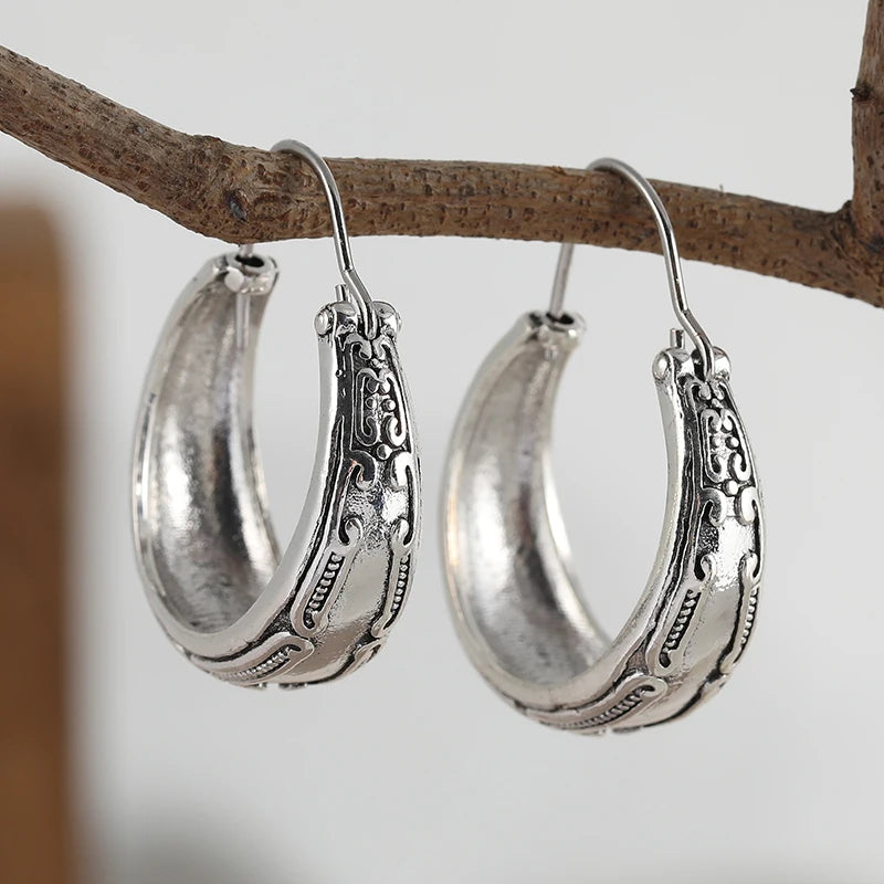 Boho Earrings, Silvery Color Women Earrings, Artisian Earrings , Gift for Her , Silvery Textured Hoop Earrings