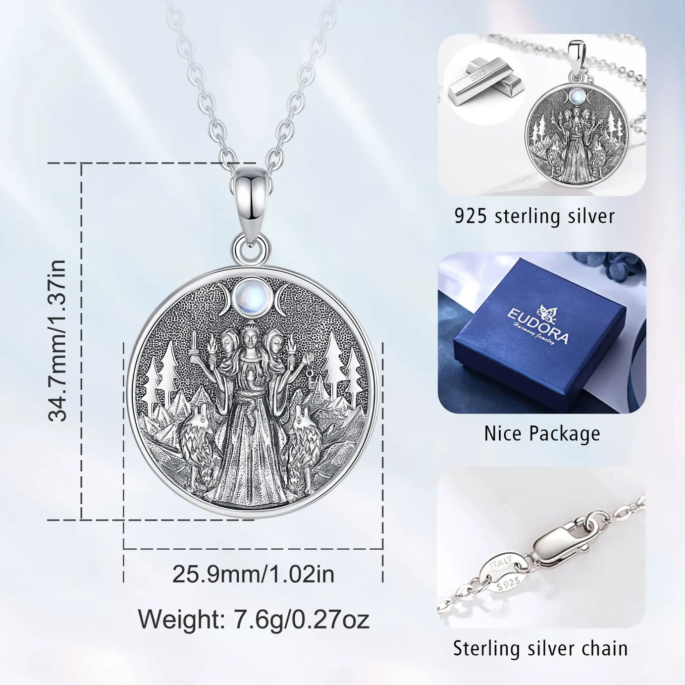 S925 Sterling Silver Hecate & Dog Pendant Necklace, Triple Moon Goddess Moonstone Amulet