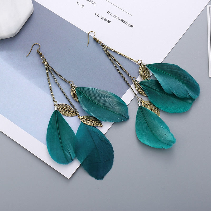 Fashion Earrings Bohemian Ethnic Style Leaf Earrings Jewelry Retro Long Tassel Colorful Feather Earrings Jewelry Gift - Charlie Dolly