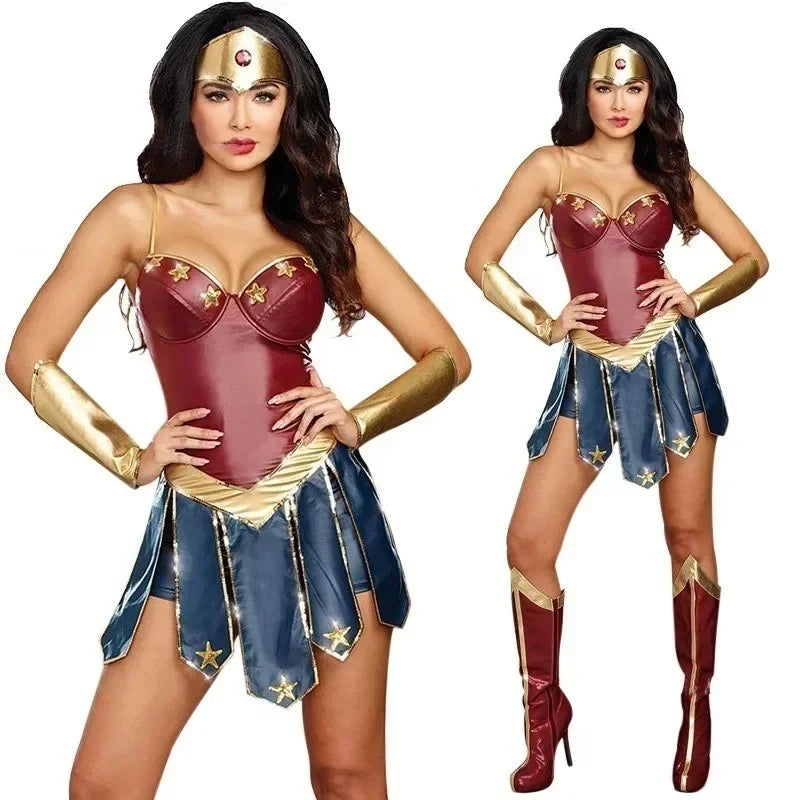 Adult Wonder Women Costume Superhero Halloween Party Cosplay Superwomen Outfits Leather Fancy Dress Carnival Uniform