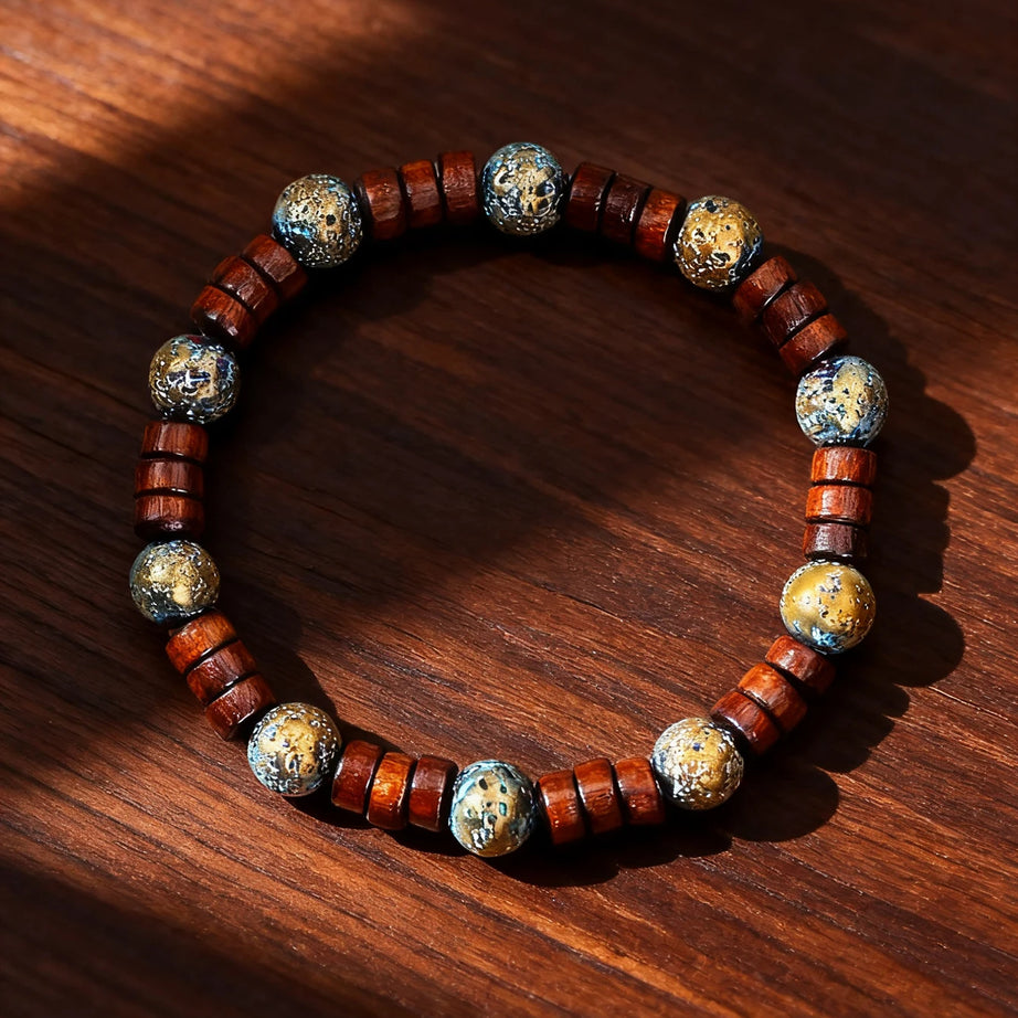 Natural Stone & Wood Bead Boho Protection Bracelet, Handmade Grounding Talisman