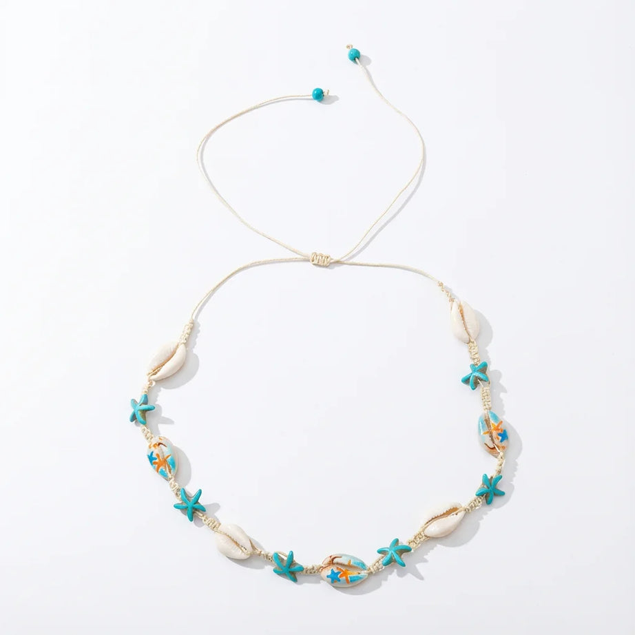 Cowrie Shell Boho Choker with Blue Starfish Beads