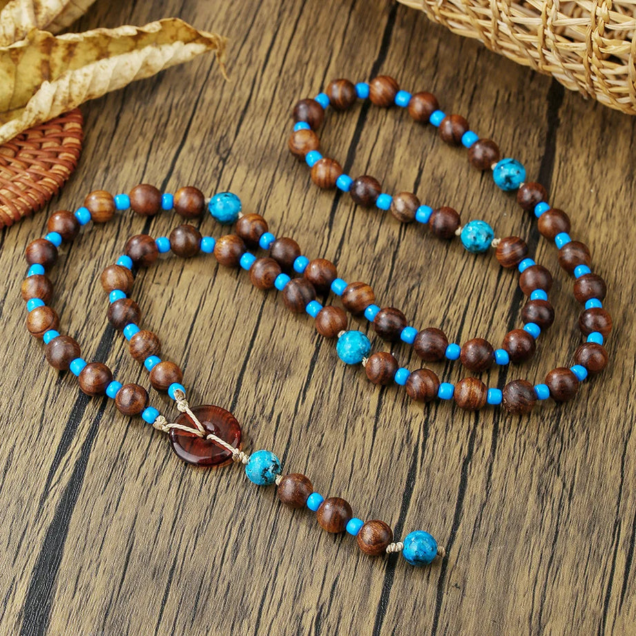 Wood Bead Tribal Mens Long Necklace Jewelry
