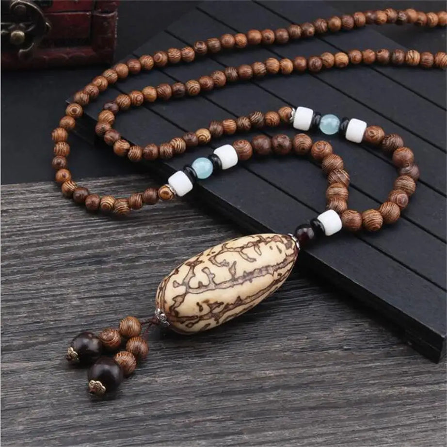 Nepal Wood Bead Tassel Sweater Chain Necklace Jewelry