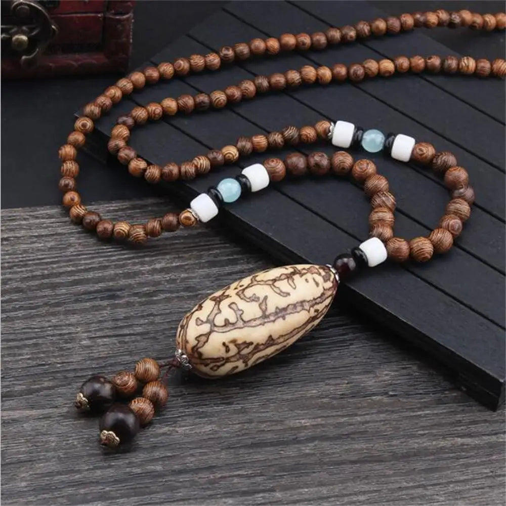 Nepal Wood Bead Tassel Sweater Chain Necklace Jewelry