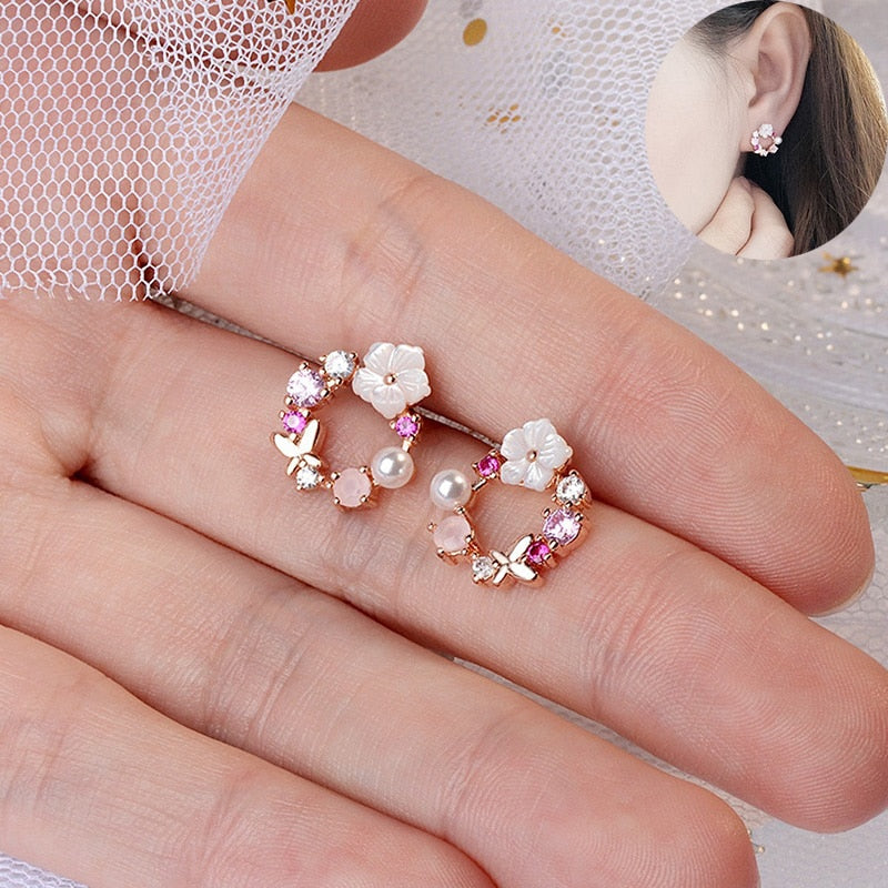 French Light Luxury Flower Butterfly Pearl Stud Earrings For Women Korean Zircon Exquisite Earring Party Christmas Jewelry Gift - Charlie Dolly