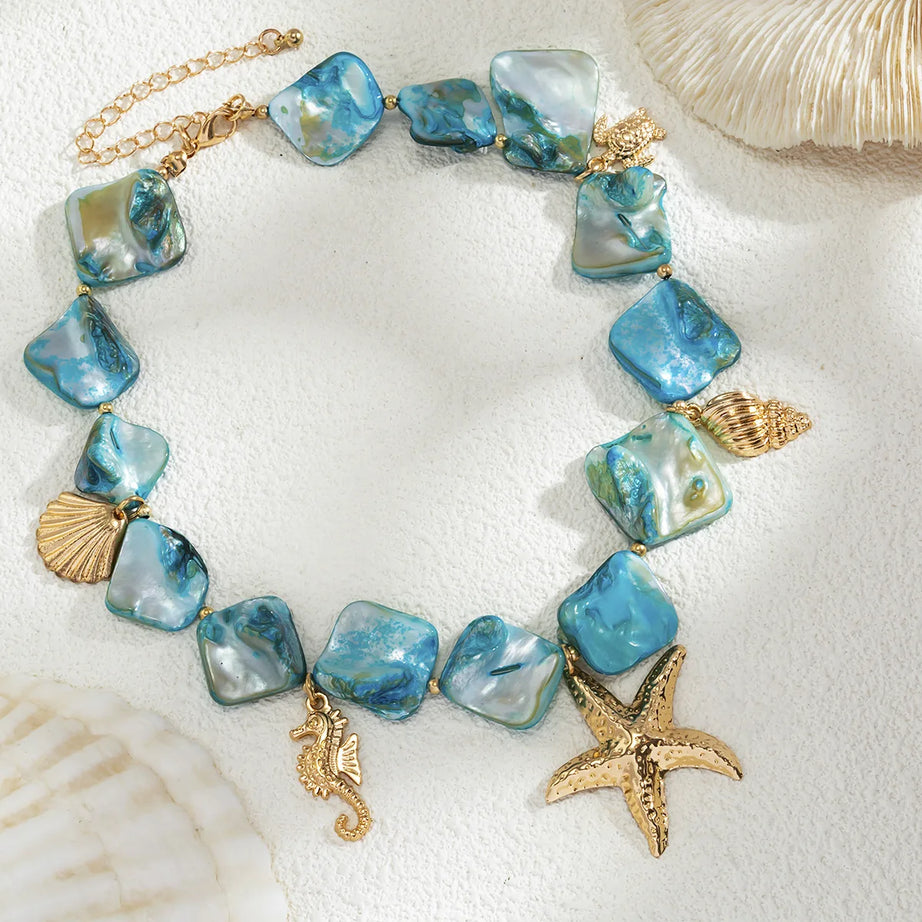 Sea Turtle, Conch and Starfish Blue Stone Woven Necklace