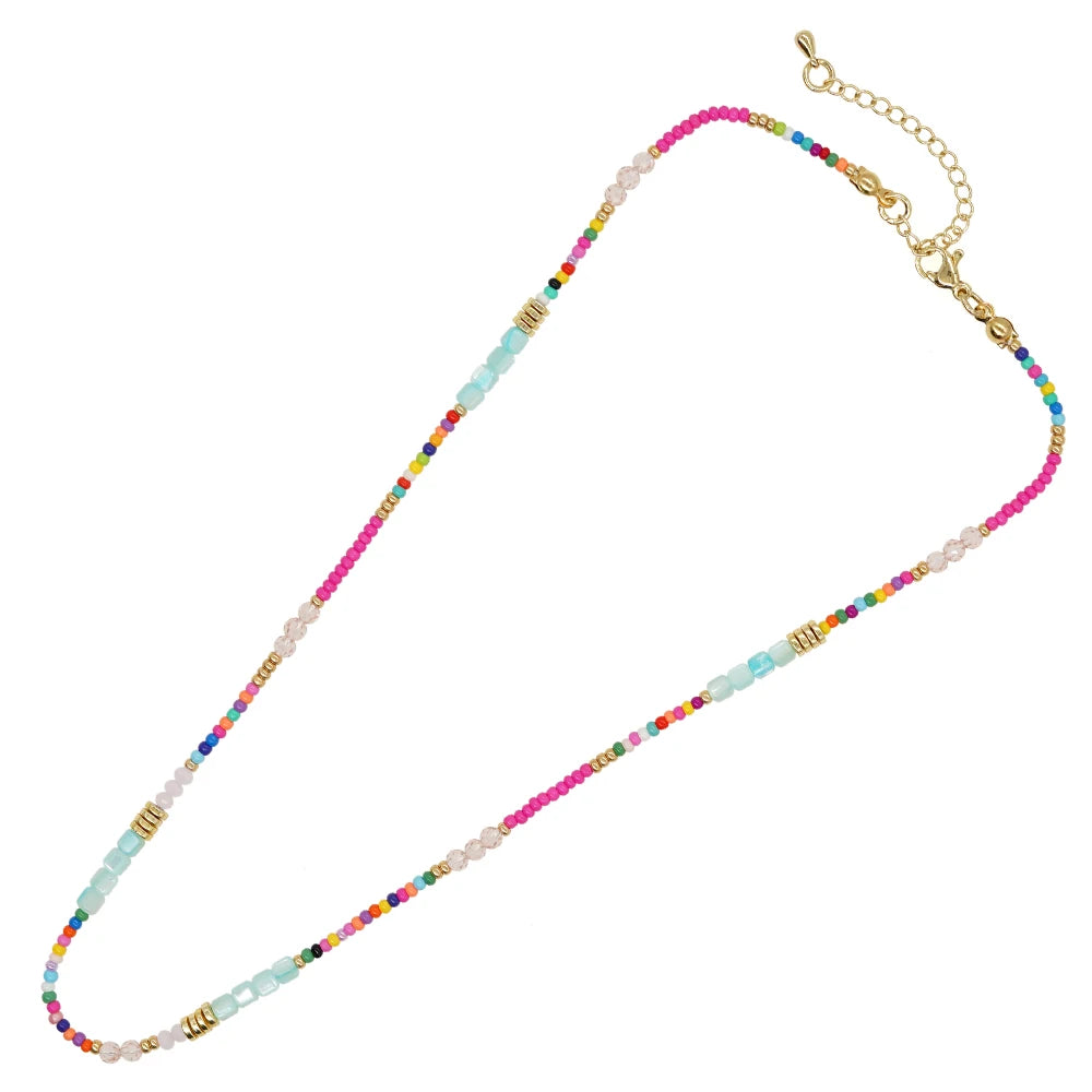 Go2boho Boho Beaded Necklaces For Women Rainbow Colorful Summer Bohemian Mixed Bead Crystal Necklaces Choker Beach Jewelry