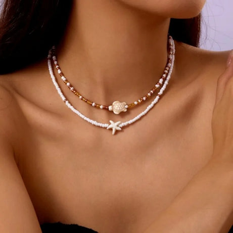 Sea Turtle and Starfish Double Layered Beaded Choker