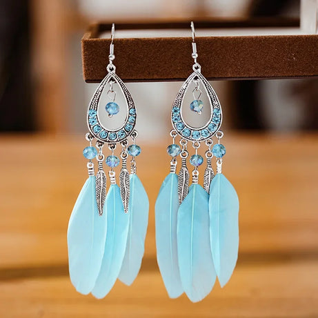 Feather Crystal Tassel Boho Dangle Earrings Jewelry