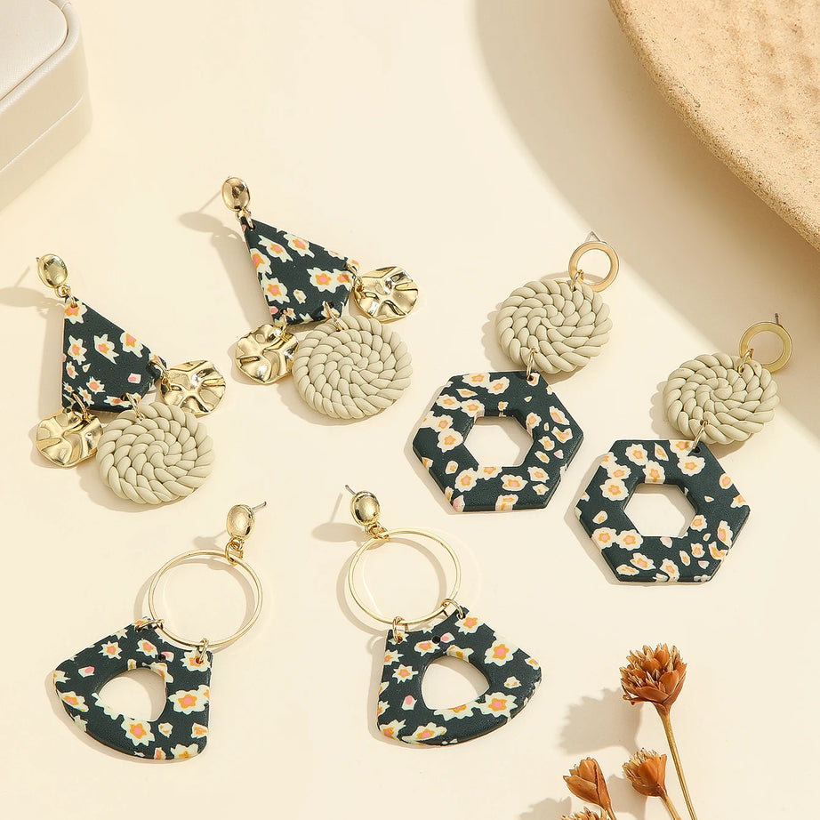 Floral Geometric Polymer Clay Statement Earrings Jewelry