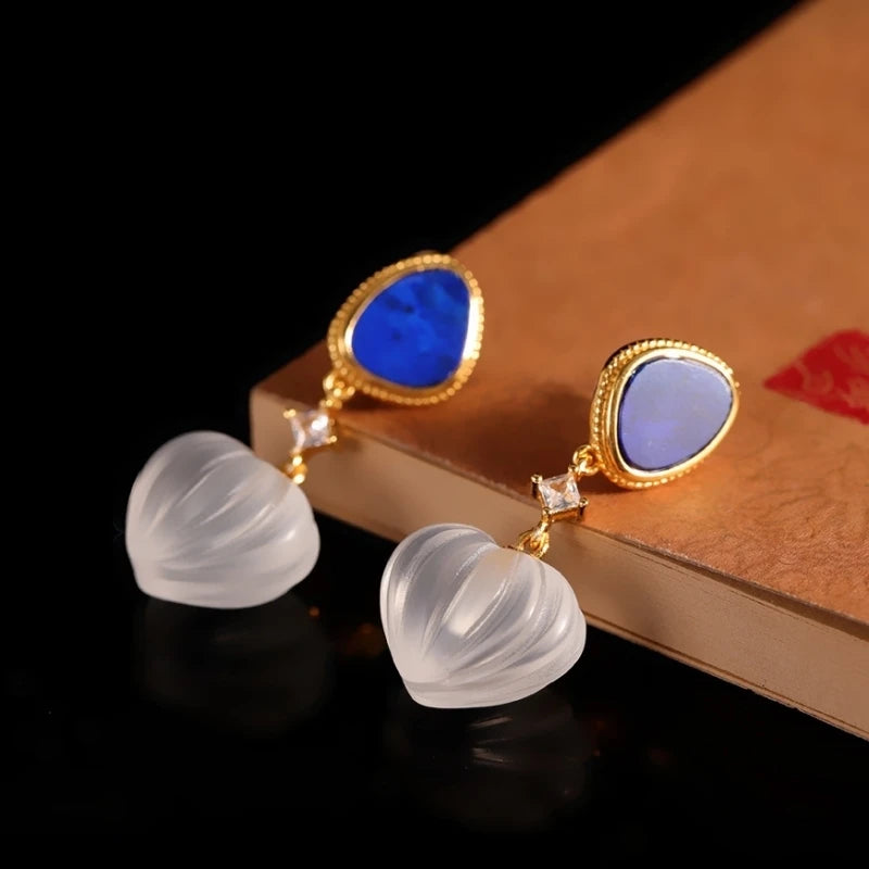 GEEZENCA 925 Silver Lapis Lazuli White Crystal Women's Drop Earrings 18K Gold Heart Waterdrop Dangle Earring Love Gift For Her