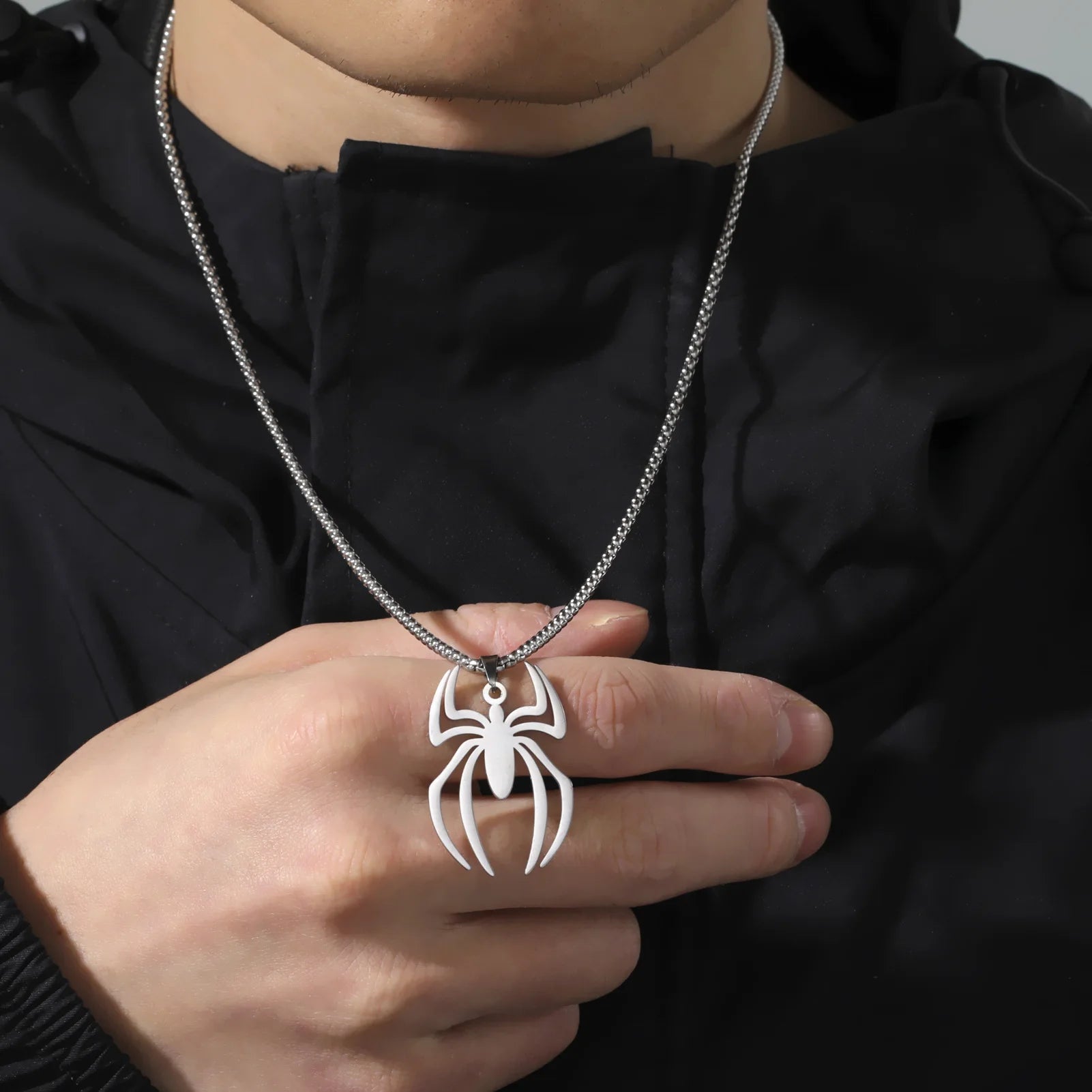 Kpop Stainless Steel Spider Pendants Chain Necklaces for Mens Silver Color Gold Color Pearl String Gothic Punk Halloween Jewelry - Charlie Dolly