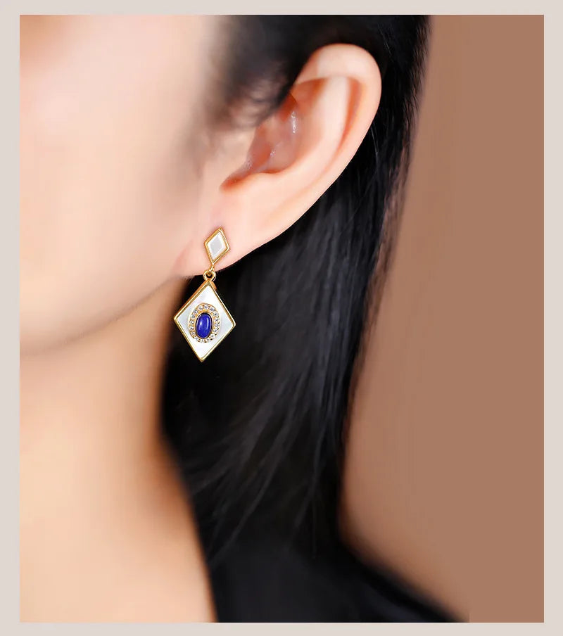 S925 Silver Lapis Lazuli White Shell Suit Earrings Necklace Pendant Light Luxury Fashion New Temperament Elegant Female