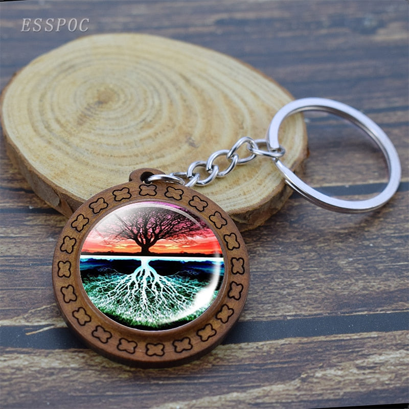 Retro Wooden Keyrings Celtic Tree of Life Photo Glass Cabochon Keychain Holder Key Rings Charm Jewelry gifts Keychain for Women - Charlie Dolly