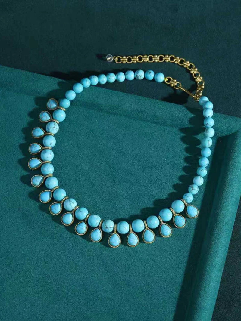 Bohemia Blue Natural Stone Water Drop Beads Chain Choker Necklace Vintage Jewelry for Woman Retro New in Boho Luxury Accessories
