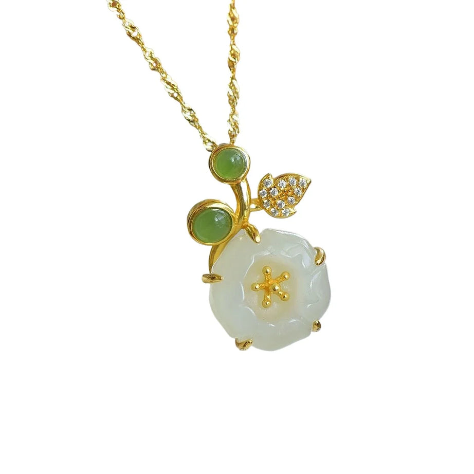 White Hotan Jade Lotus Flower Pendant Necklace, Classic Boho Sacred Talisman