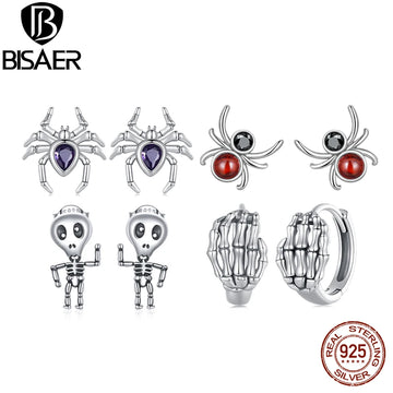 BISAER 925 Sterling Silver Mini Pumpkin Luminous Stud Earrings Enamel Ear Clip For Girl Halloween Party Original Fine Jewelry