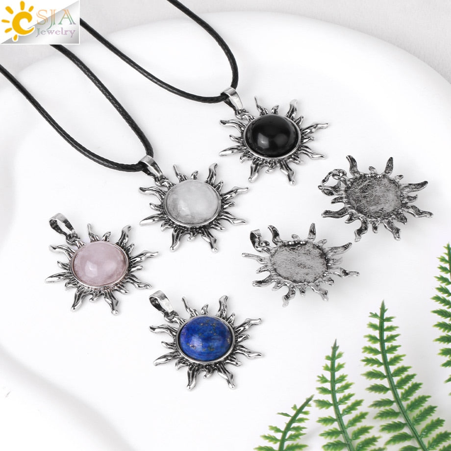 CSJA Vintage Sun Flower Pendant Natural Stone Crystal Necklace Genuine Round Amethysts Pink Quartz Obsidian Lapis Lazuli H120 - Charlie Dolly