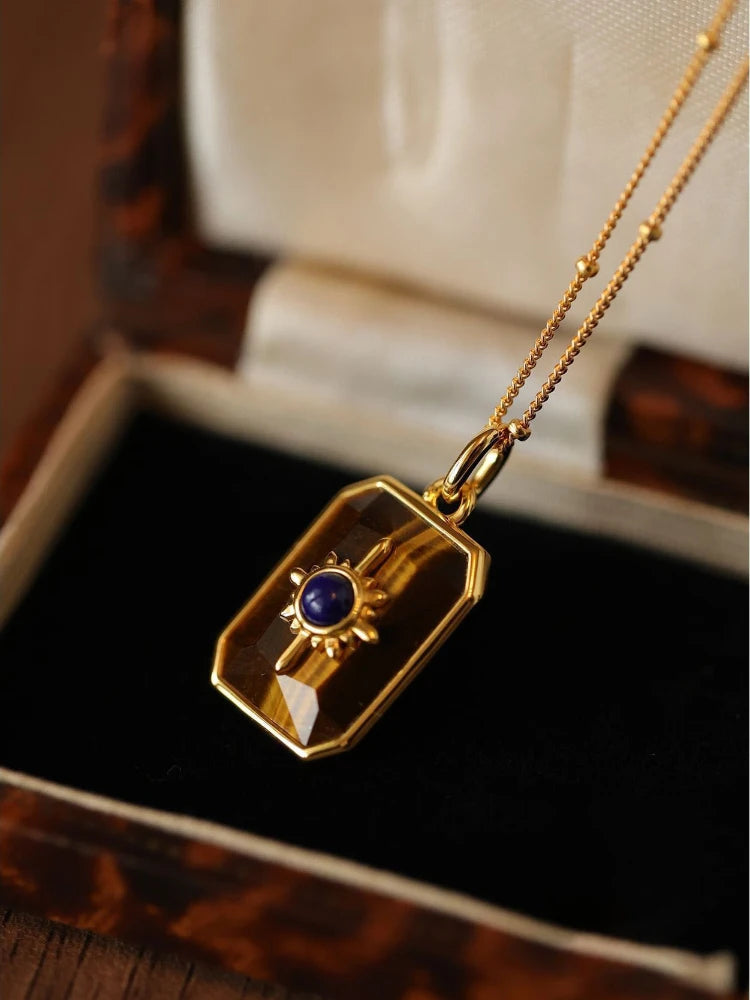 Creative Design Retro Tiger Eye Stone Necklace for Women  Unique Simplicity Light Luxury lapis lazuli Blue Collar Chain Jewelry
