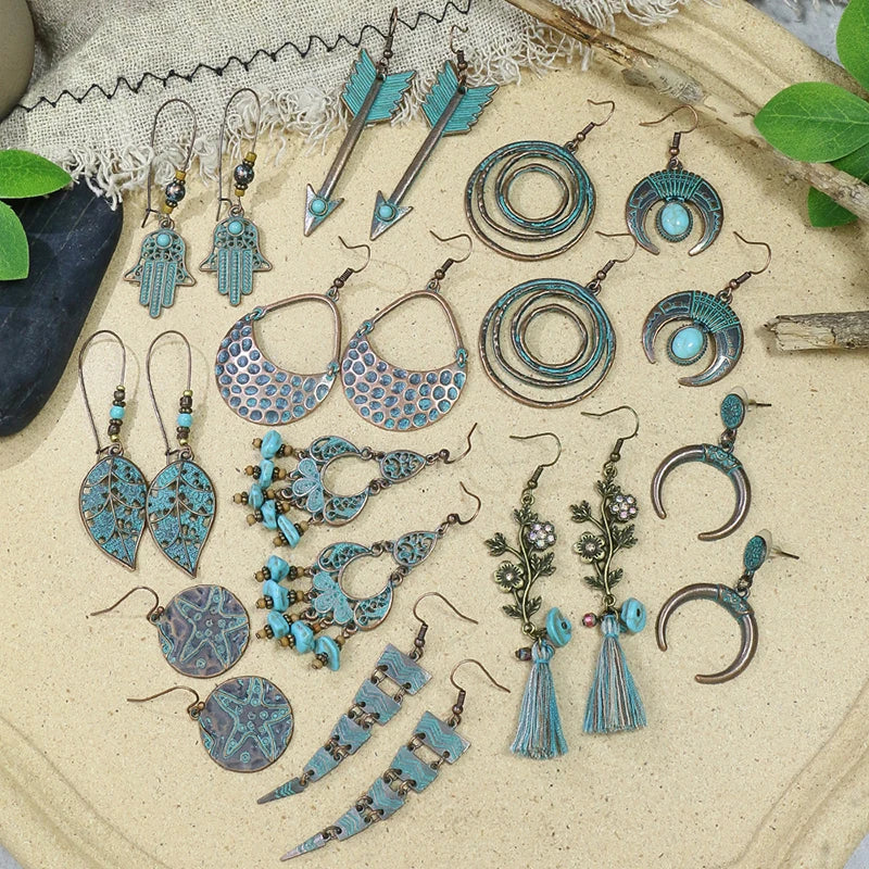 Vintage Boho Blue Stone Beaded Drop Earrings For Women Tassel Ethnic Geometric Flower Leaf Long Dangle Earrings Trendy Jewelry