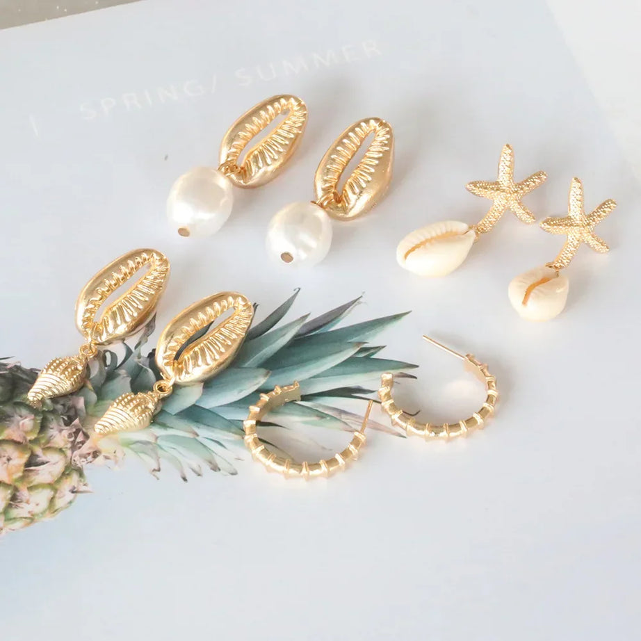 Shell, Starfish and Pearl Bohemian Earring Set (4 Pairs)